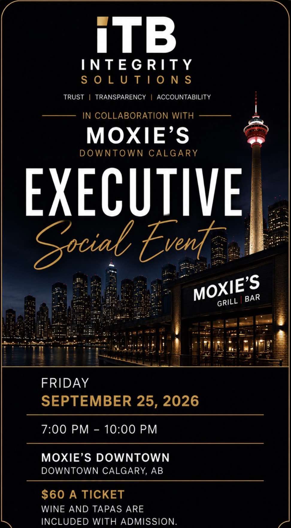 ITB x Moxie's Executive Social Event — Friday September 25, 2026, 7:00-10:00 PM, Moxie's Downtown Calgary, $60 a ticket